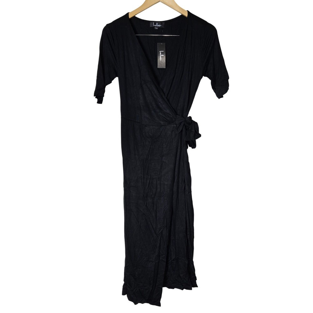Lulus Black Wrap Midi Dress Short Sleeve V-Neck Style 67706 Size Medium NWT